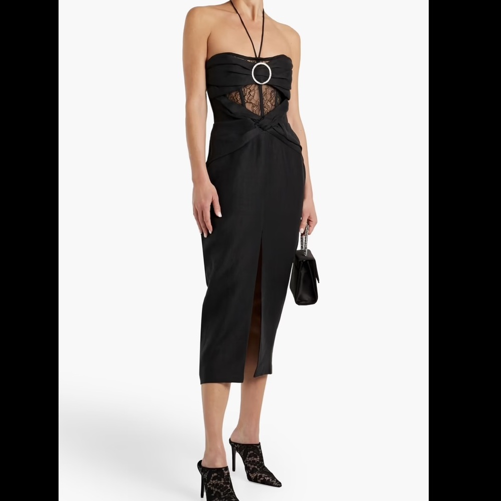 RASARIO
Lace-paneled embellished linen-blend halterneck midi dress